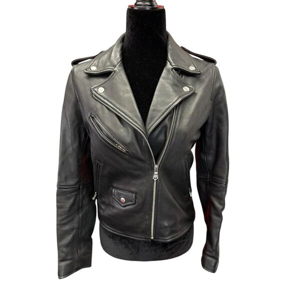 Levi’s Genuine Leather Moto Biker Jacket Black XS Real Sheep Skin Chic - Picture 1 of 16